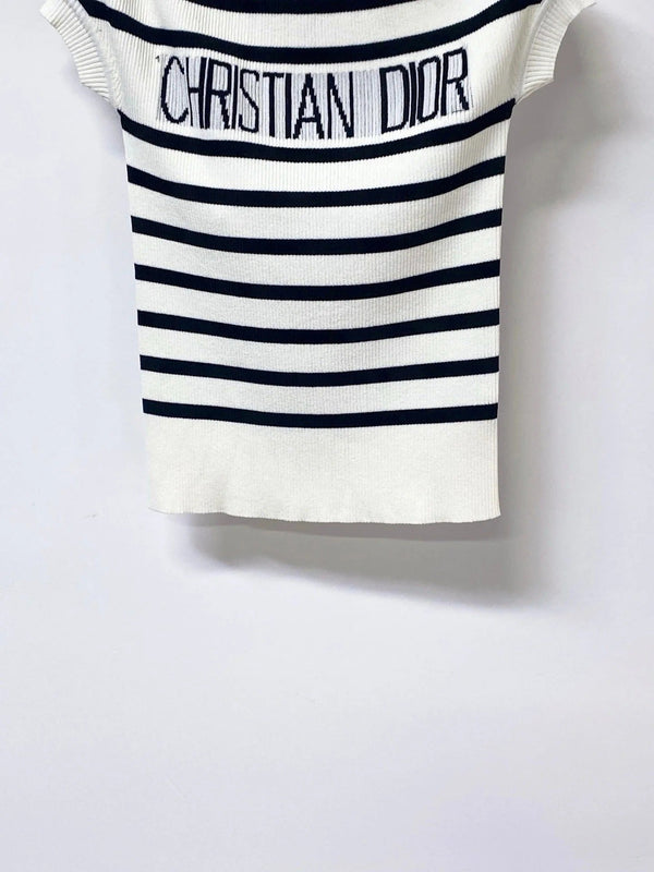 CD 2026 Striped Off-Shoulder Knit Top White Black Wool 396617