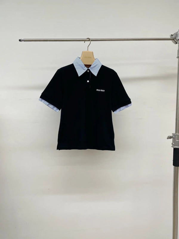 Miumiu 2026 Striped Patchwork Polo Shirt Black Blue Cotton
