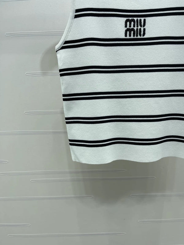 Miumiu 2026 Crew Neck Striped Knit Vest Black and White Wool 352631