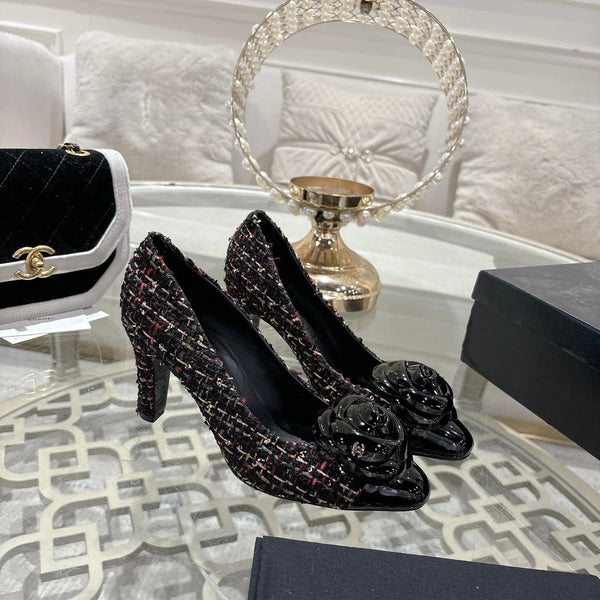 CC 26s High Heels Pump 85 Black Colorful Wool Fabric 627014