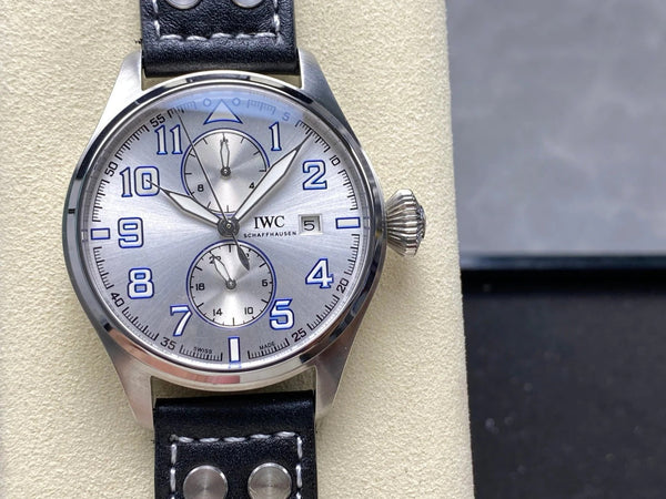 IWC Big Pilot 46mm Silver Blue Dial Steel Case Black Leather Strap