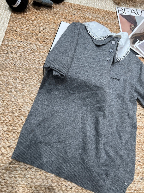 Miumiu 2026 Embroidered Poplin Collar Polo Gray Wool
