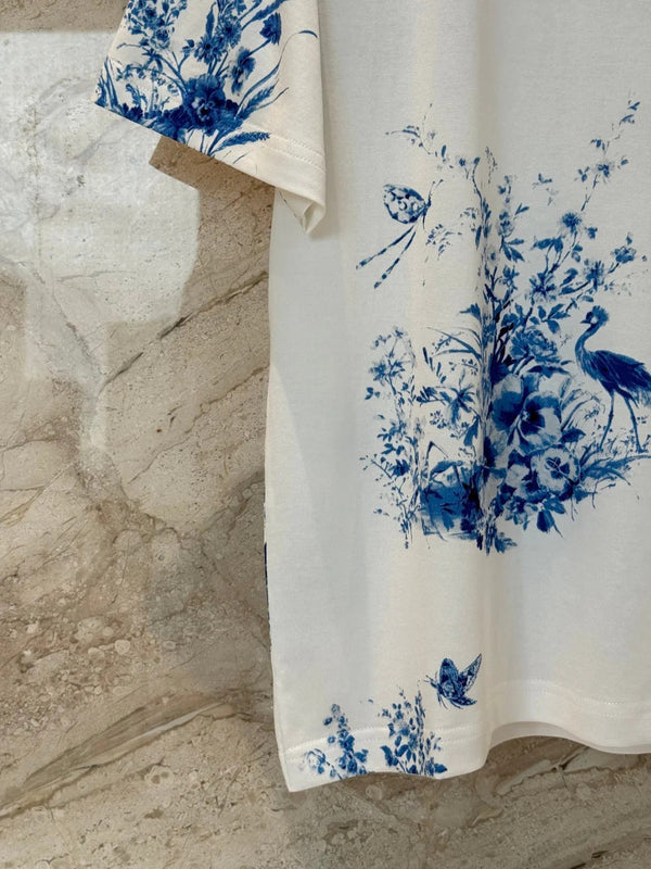 CD 2026 Blue Floral and Bird Print Short-Sleeve T-Shirt Cotton 415774