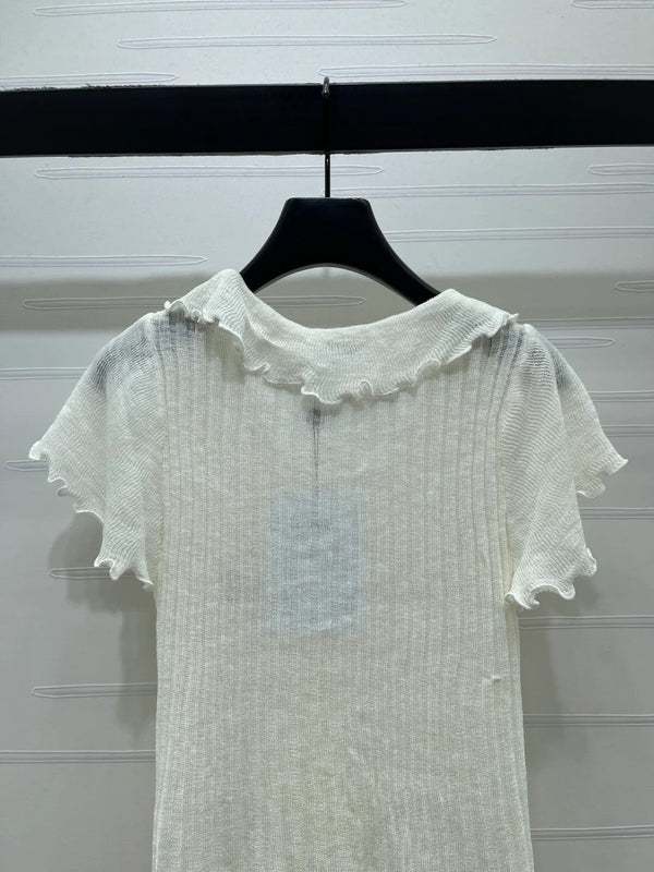 Chanel 2026 Ruffled Knit V-neck Short-sleeved T-shirt White Wool 356523