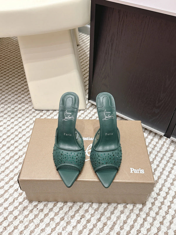 CL 26SS High-Heeled Slippers 100 Emerald Green Mesh Rhinestone Leather 658056