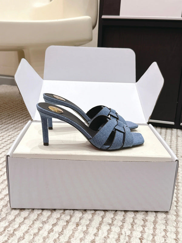 YSL 26ss High-Heeled Slippers 75 Blue Black Denim Calfskin 654747