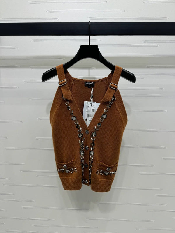 Chanel 2026 Beaded Knit Vest Pink and Brown Wool