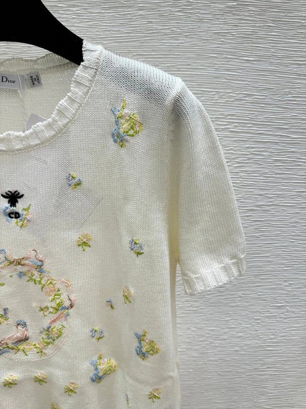 CD 2026 Floral Embroidered Knit Short-sleeved Top Wool 392593
