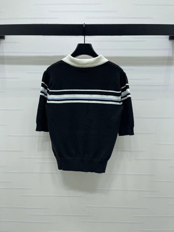Miumiu 2026 Pan Collar Knit Short-sleeved Top Cream and Black Tencel 352458