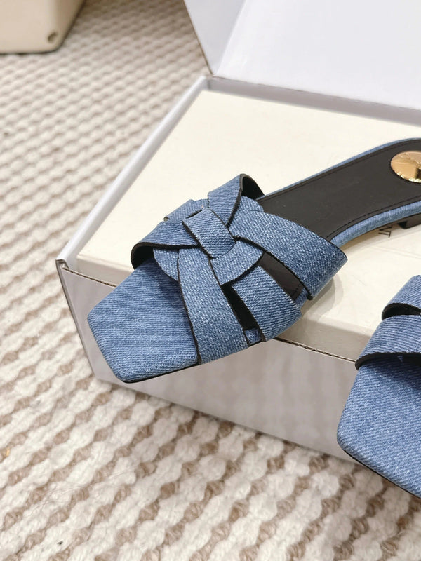 YSL 26ss Flat Slippers Blue Denim Leather 654727