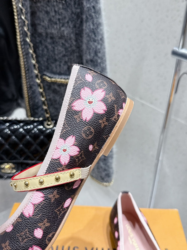 LV 26s Ballet Flats Brown Pink Monogram Leather 610839