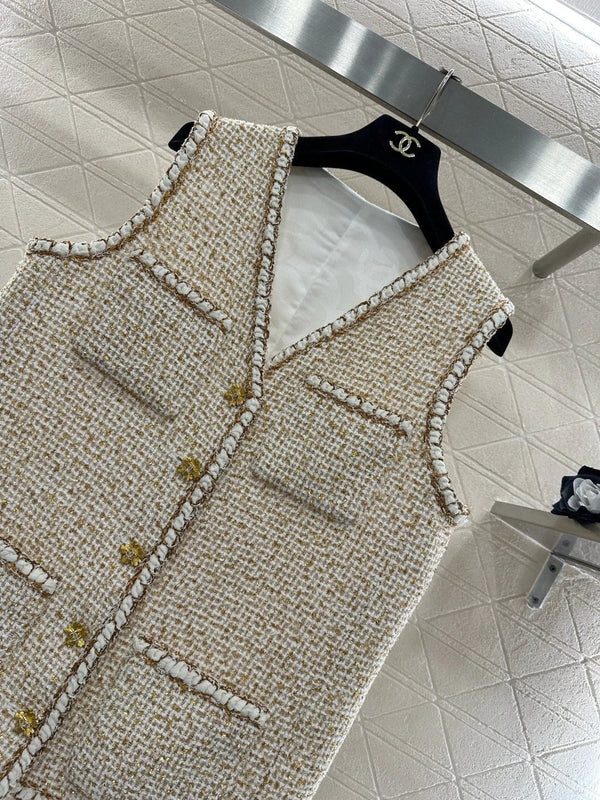 CC 26 Vest With Gold-colored Buttons Beige Tweed Fabric