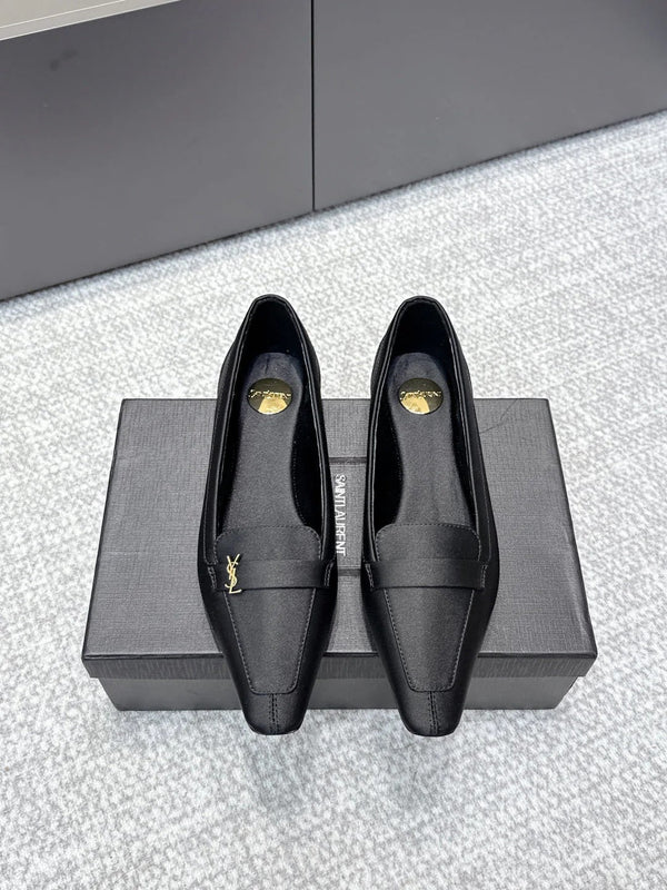 YSL 26ss Square Toe Loafers Taupe Satin Leather