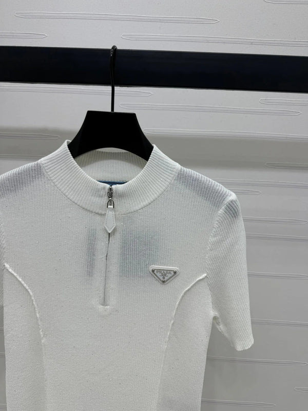 PRADA MOCK NECK SHORT-SLEEVE KNIT TOP WHITE 274815
