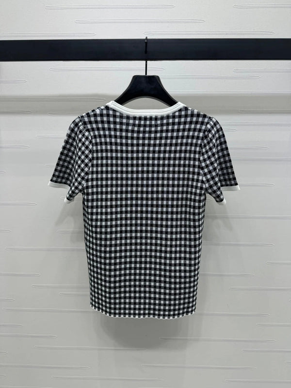 MIUMIU CREW NECK SHORT-SLEEVE PLAID KNIT TOP 274833