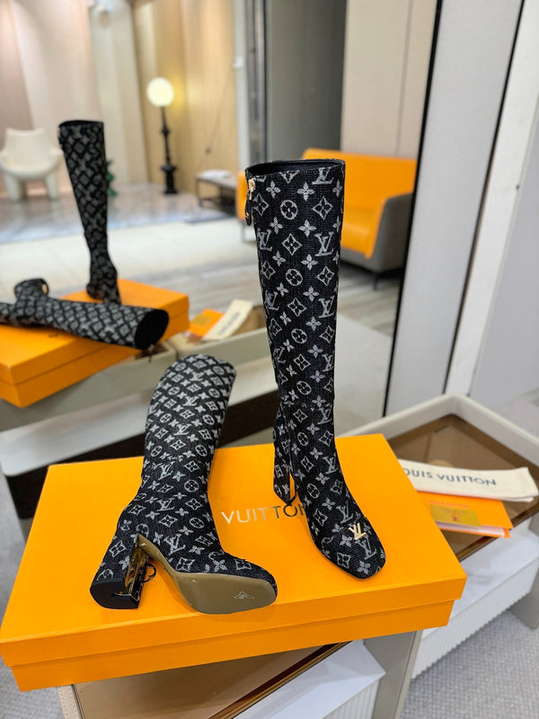 LV High Boots 85 Monogram Black Denim 573734