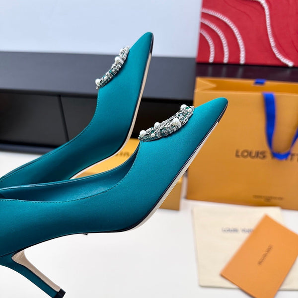 LV 26s Pointed-Toe High Heels 75 Teal Blue Premium Satin 622438
