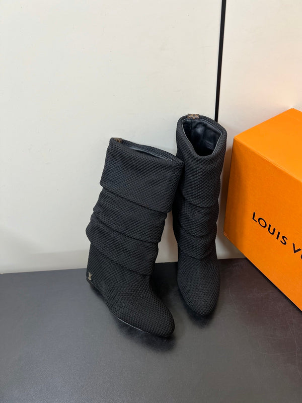 LV 26s Mid-Calf Boots 110 Black Knit Fabric 619404