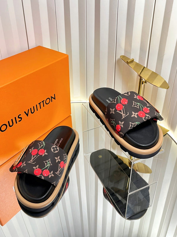 LV 26s Slippers Black Red Fabric Sheepskin 616350
