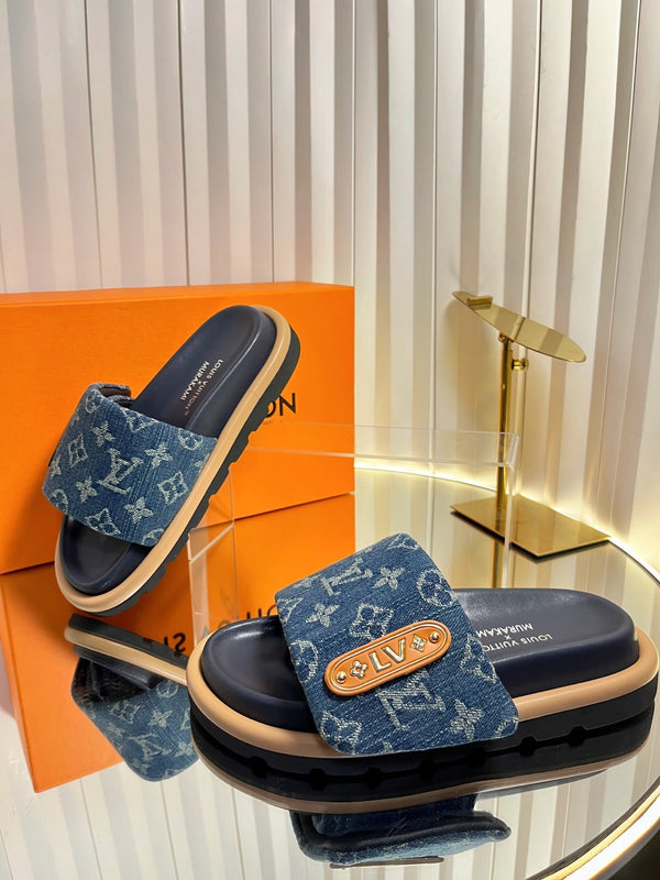 LV 26s Slippers Dark Blue Denim Sheepskin 616358