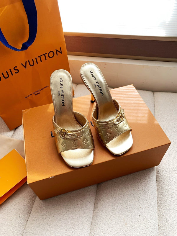 LV 26s High Heels 95 Slippers Gold Metallic Sheepskin 614989