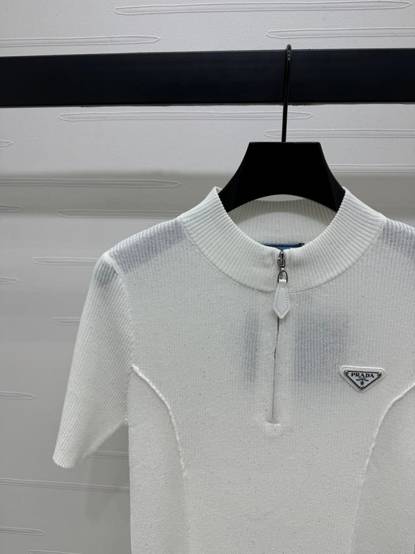 PRADA MOCK NECK SHORT-SLEEVE KNIT TOP WHITE 274815
