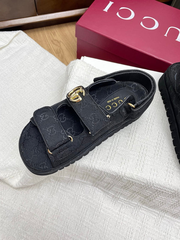GG CLASSIC SANDALS 25S IN BLACK FABRIC WITH GOLD HARDWARE
