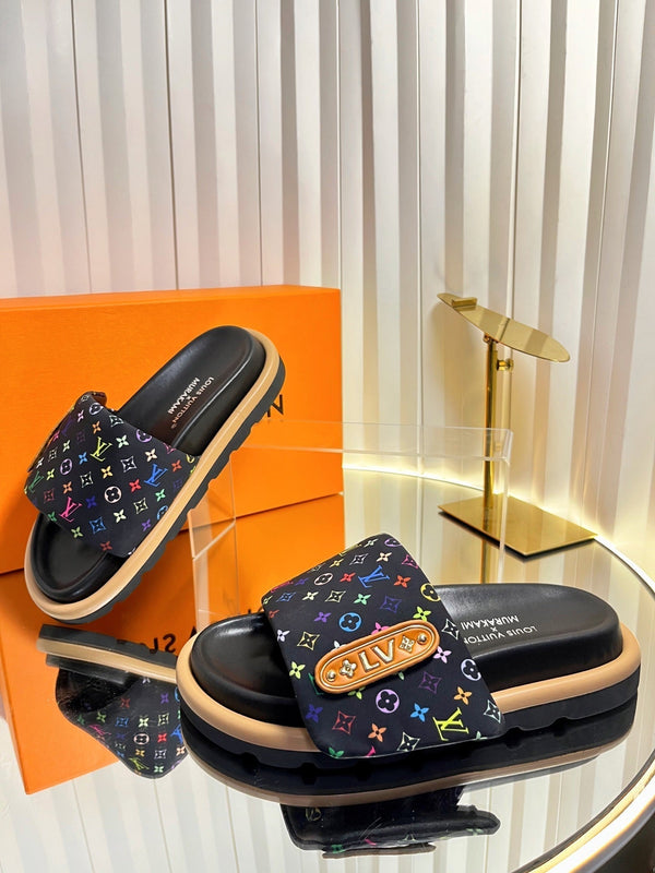 LV 26s Slippers Black Multicolor Fabric Sheepskin 616354