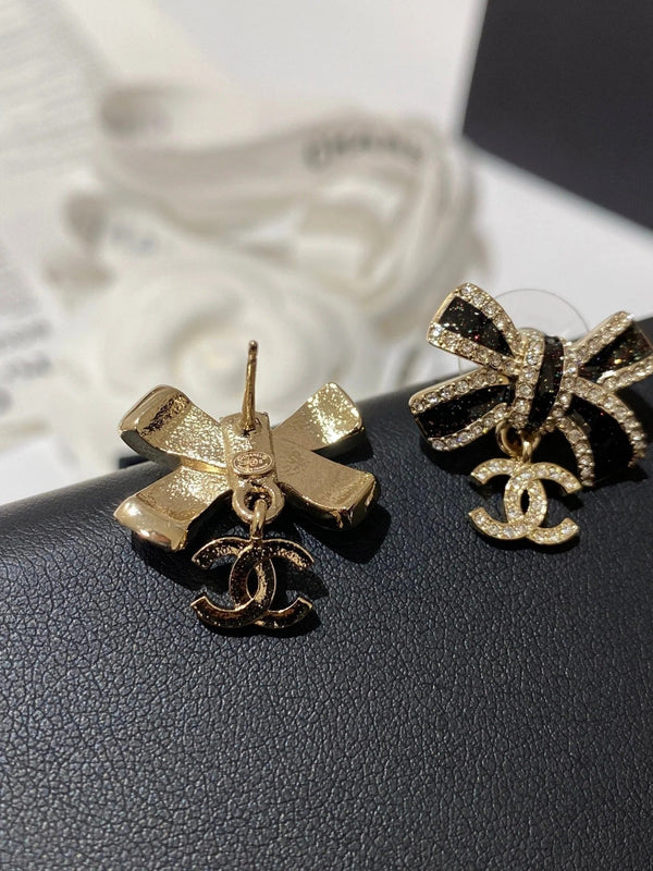 CC Crystals Black Enamel Bow Gold Earrings