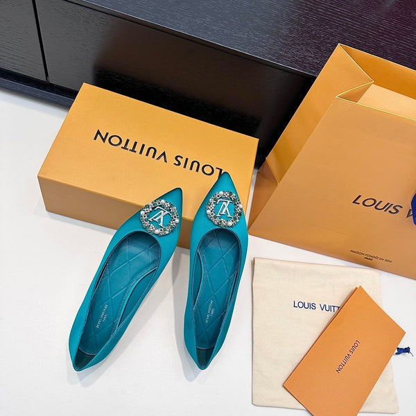 LV 26s Pointed-Toe Ballet Flat Teal Blue Premium Satin 622437