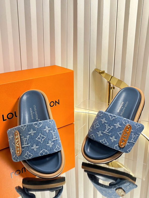 LV 26s Slippers Blue Denim Sheepskin 616357