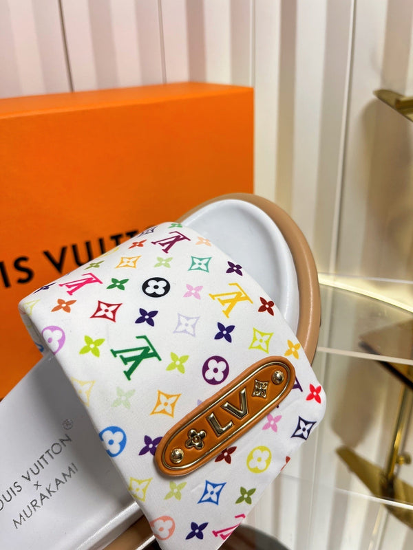 LV 26s Slippers White Multicolor Fabric Sheepskin 616355
