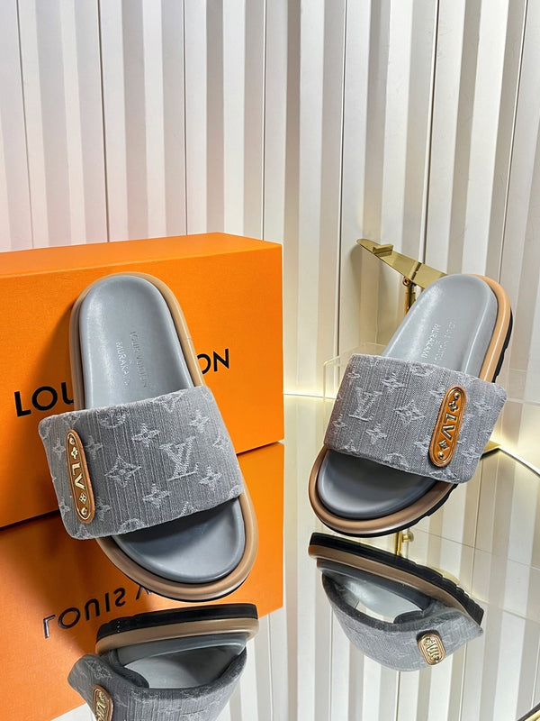 LV 26s Slippers Gray Denim Sheepskin 616356