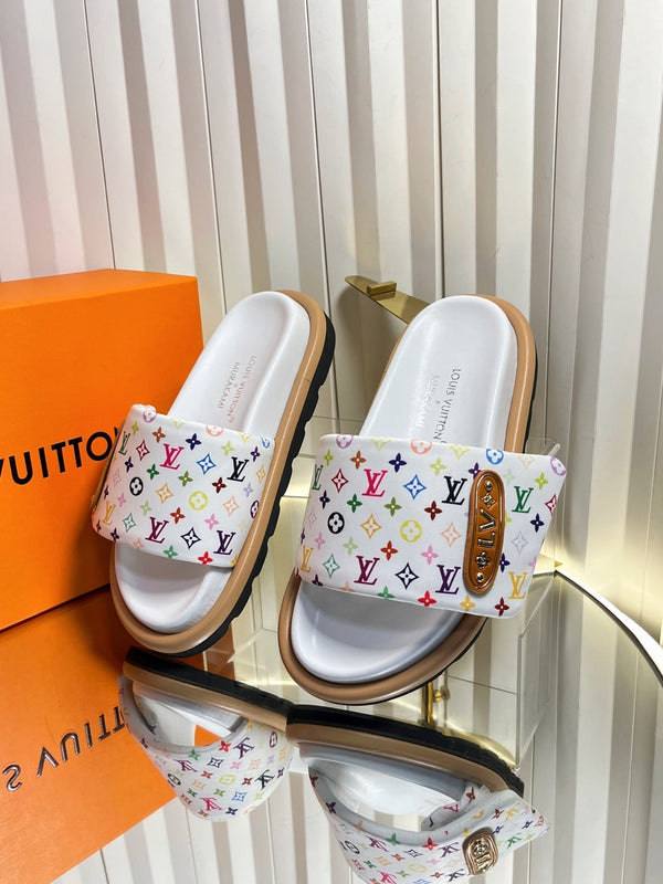 LV 26s Slippers White Multicolor Fabric Sheepskin 616355