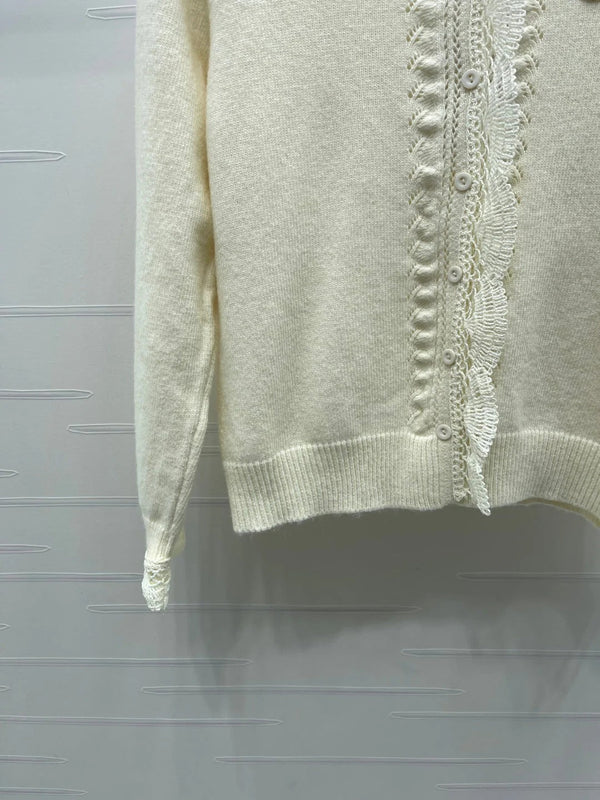 CC 26 Lace-Trimmed Knit Cardigan Cream Wool 340798