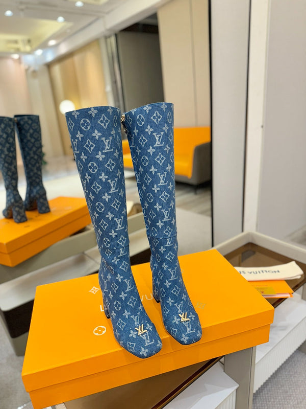 LV High Boots 85 Monogram Blue Denim 573735