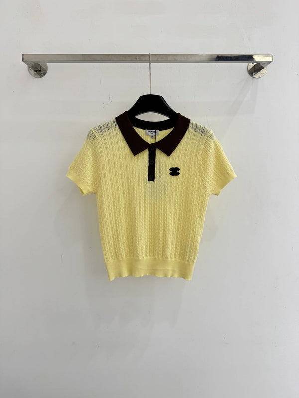 Chanel 2026 Polo Collar Short-sleeved Top Yellow and Purple Wool Polyester