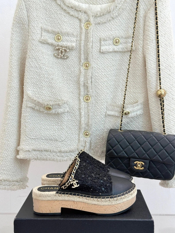 CC Mules 25ss 30 Mm In Black Lambskin Mix Tweed