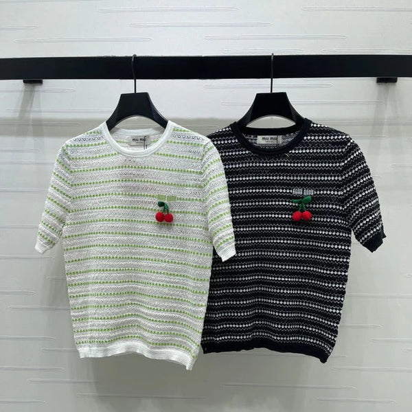 Miumiu 2026 Cherry-embroidered Knitted Shirt Tencel Nylon