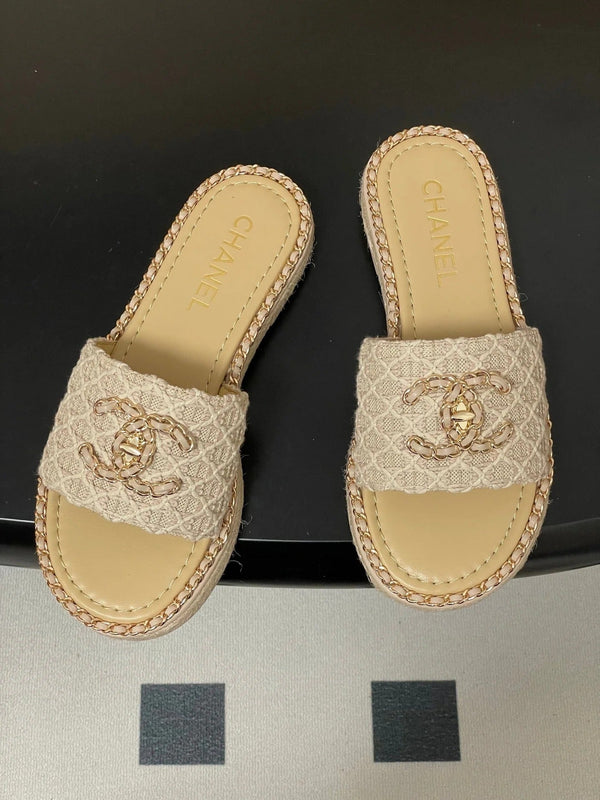 CC 26s Flat Slippers Beige Gold Fabric Sheepskin 649484
