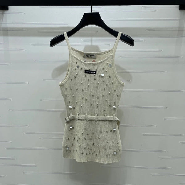 Miumiu 2026 Knit Top With Crystal Details And Belted Waist Wool