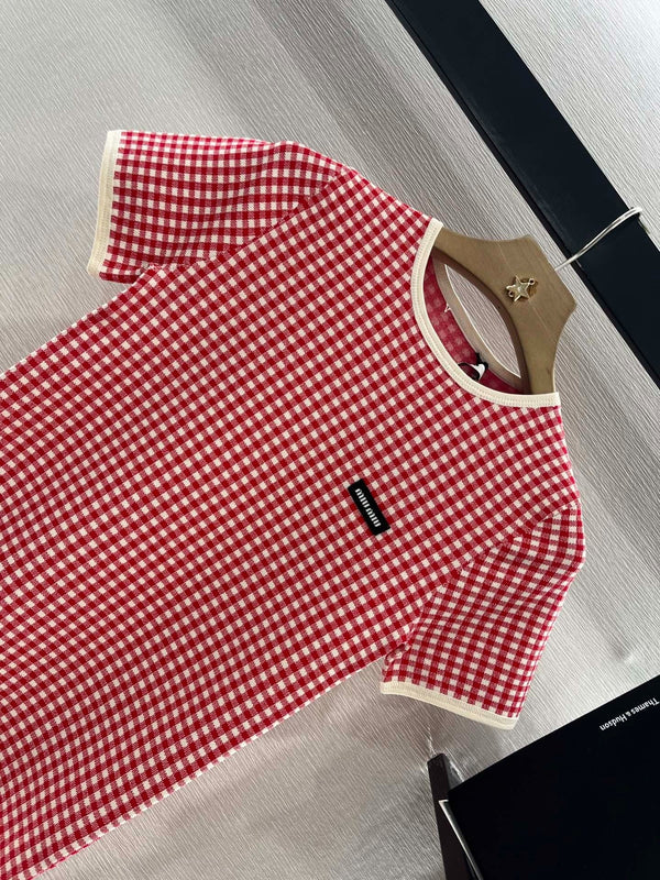 MIUMIU CHECKERED SHORTS AND ROUND-NECK TEE SET 274653