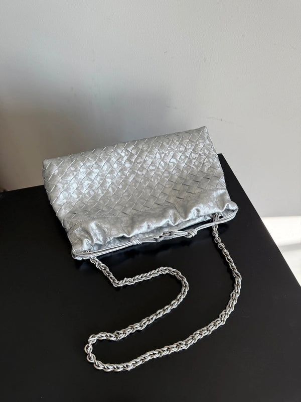Bottega Veneta 2026 Dustbag 33cm Silver Intrecciato Lamina Satin Leather