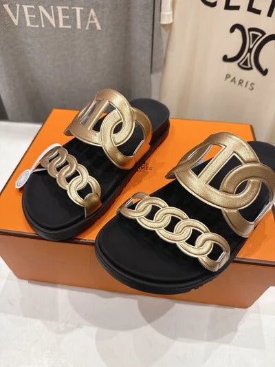 HM 26ss Sandals Black Gold Metallic Cowhide 641274