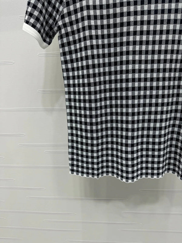 MIUMIU CREW NECK SHORT-SLEEVE PLAID KNIT TOP 274833