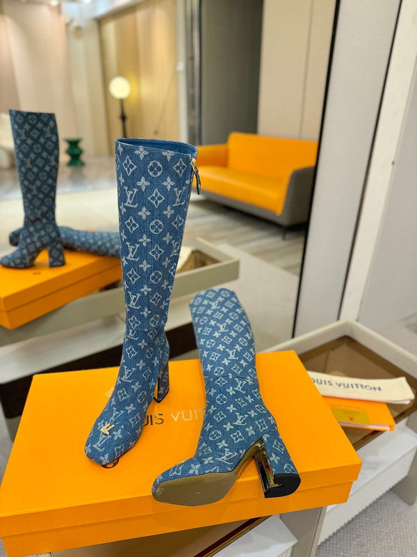 LV High Boots 85 Monogram Blue Denim 573735