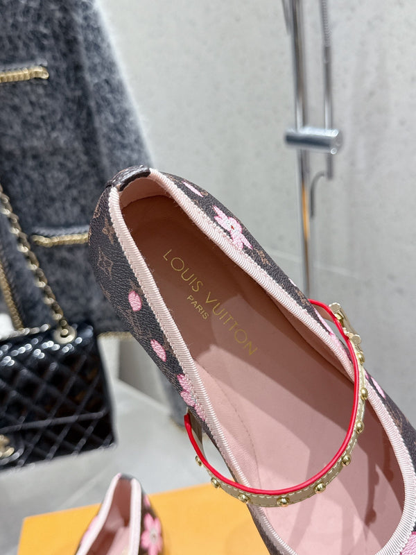 LV 26s Ballet Flats Brown Pink Monogram Leather 610839