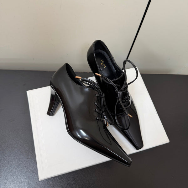 CE 26s Lace Up Pointed Toe Pumps Patent Calfskin