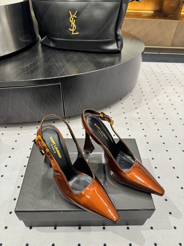 YSL 26S Slingback Heels 10.5cm Buckle Closure Glossy Calfskin
