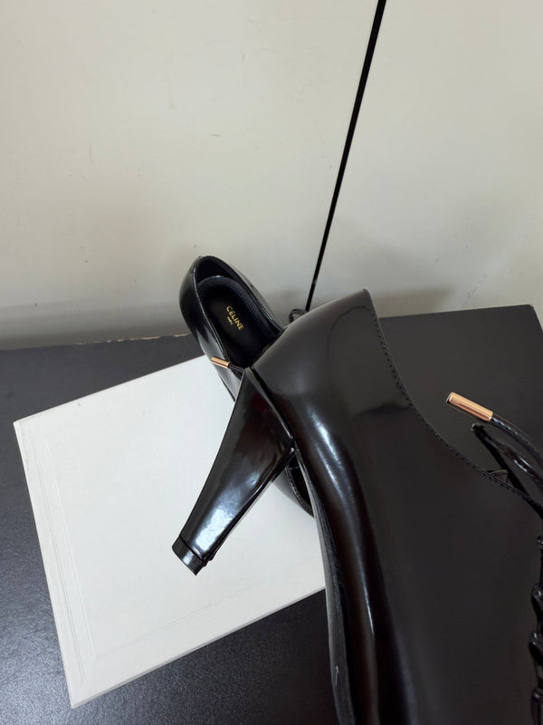 CE 26s Lace Up Pointed Toe Pumps Patent Calfskin